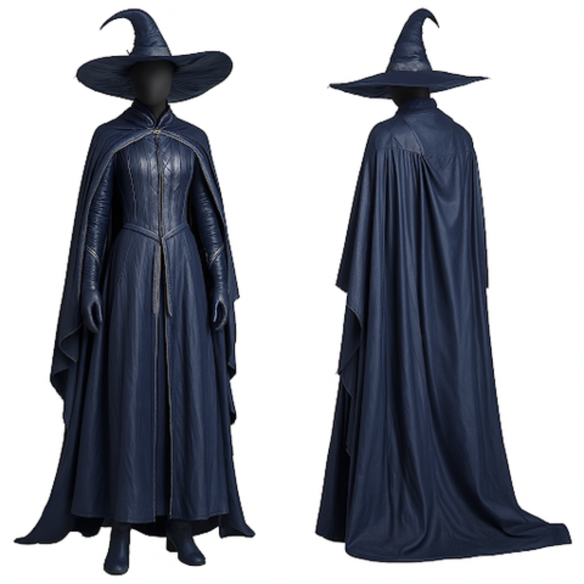 The Twilight Sorceress - Dark Blue Leather Witch Costume - Fantasy Cloak with Hat - Renaissance Faire Outfit, Halloween Enchantress Full Set