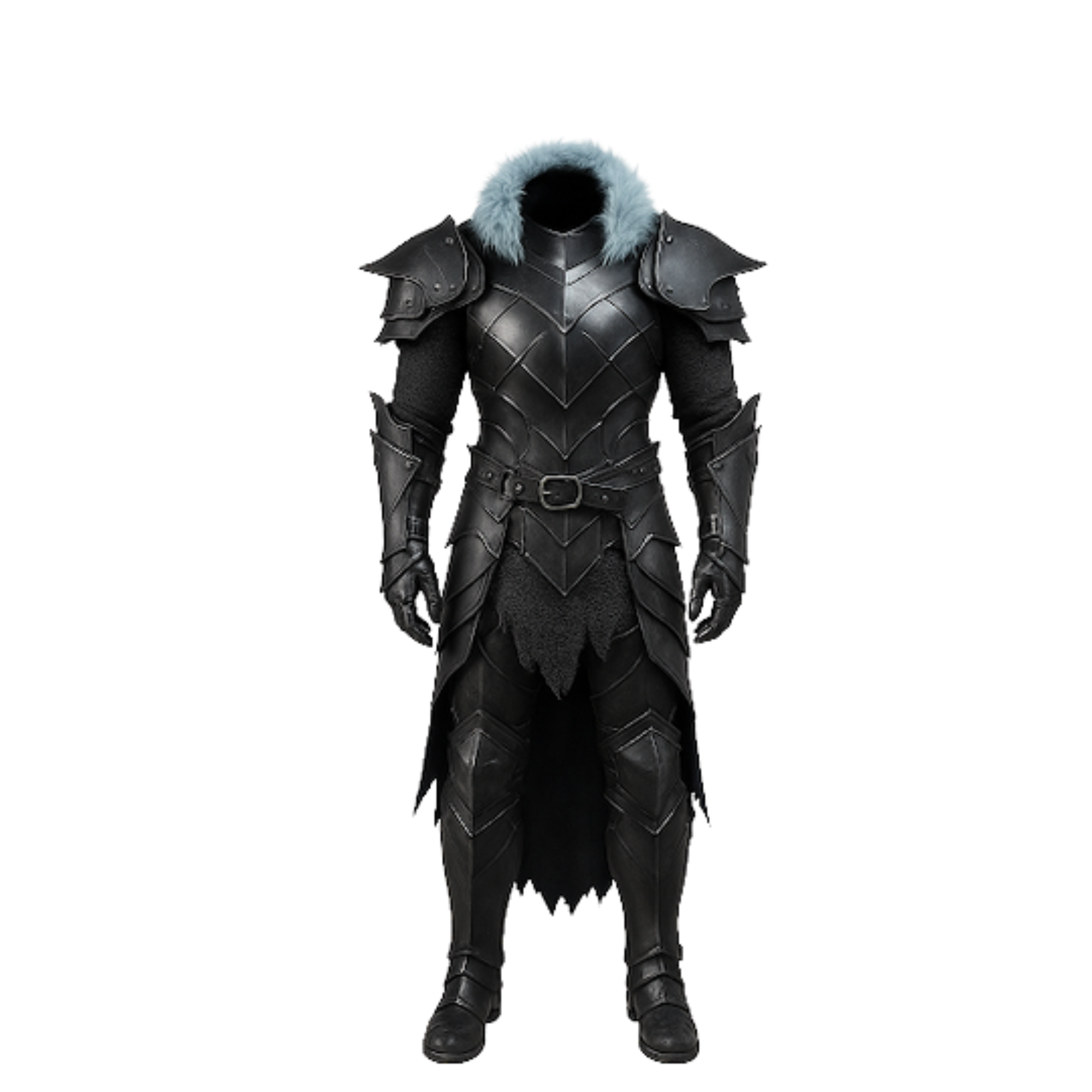 Wintermaw Revenant – Black Leather Fantasy Armor with Blue Fur Collar, Gothic Medieval Knight LARP Cosplay, Halloween Dark Warrior Outfit