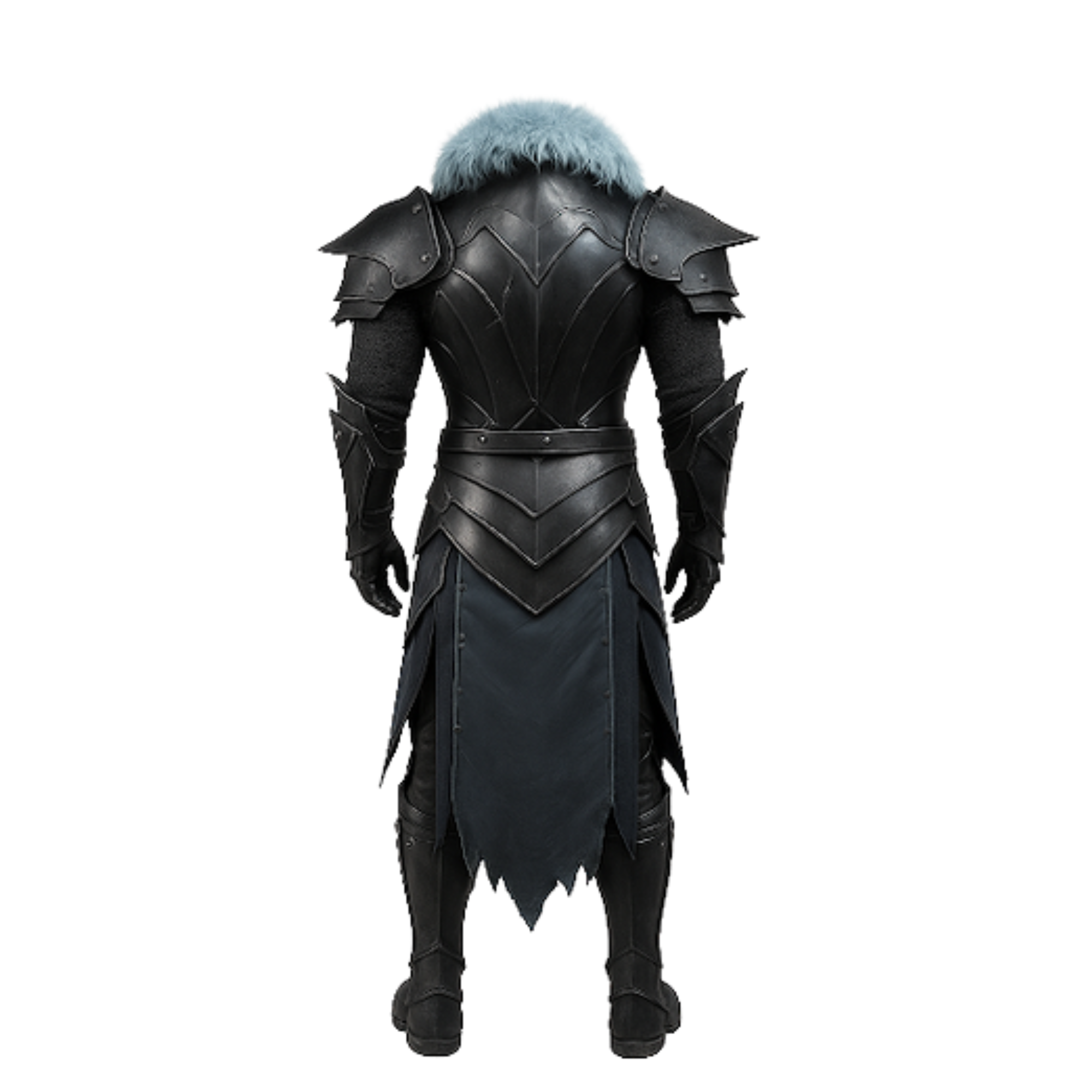 Wintermaw Revenant – Black Leather Fantasy Armor with Blue Fur Collar, Gothic Medieval Knight LARP Cosplay, Halloween Dark Warrior Outfit