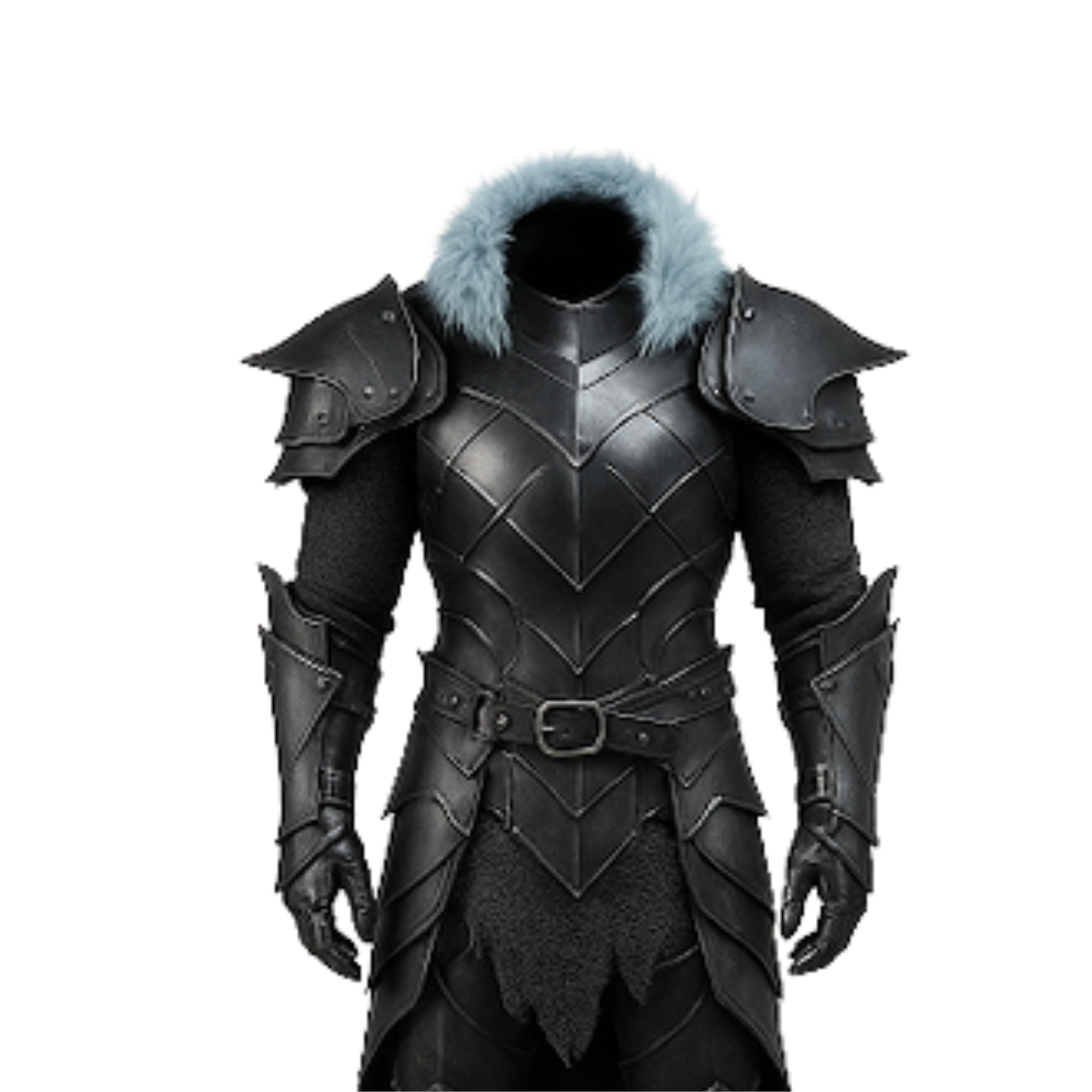 Wintermaw Revenant – Black Leather Fantasy Armor with Blue Fur Collar, Gothic Medieval Knight LARP Cosplay, Halloween Dark Warrior Outfit