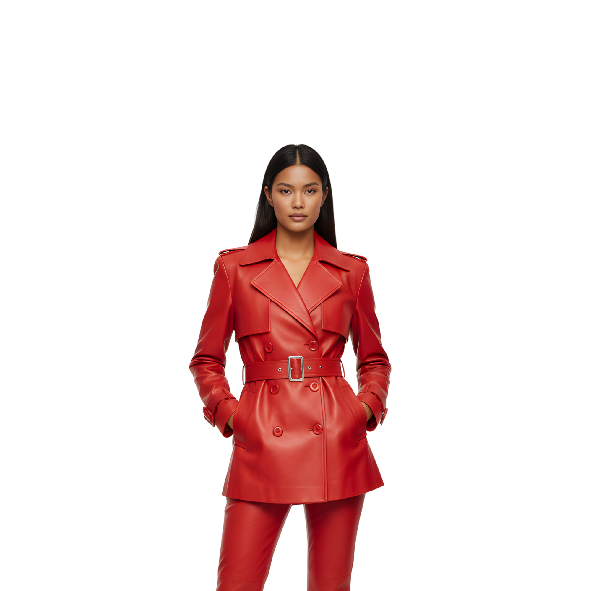 Women Leather Trench Coat and Pants Set – Double-Breasted Belted Trench Outfit – Premium Leather Set for Cosplay, Streetwear – Gift for Women