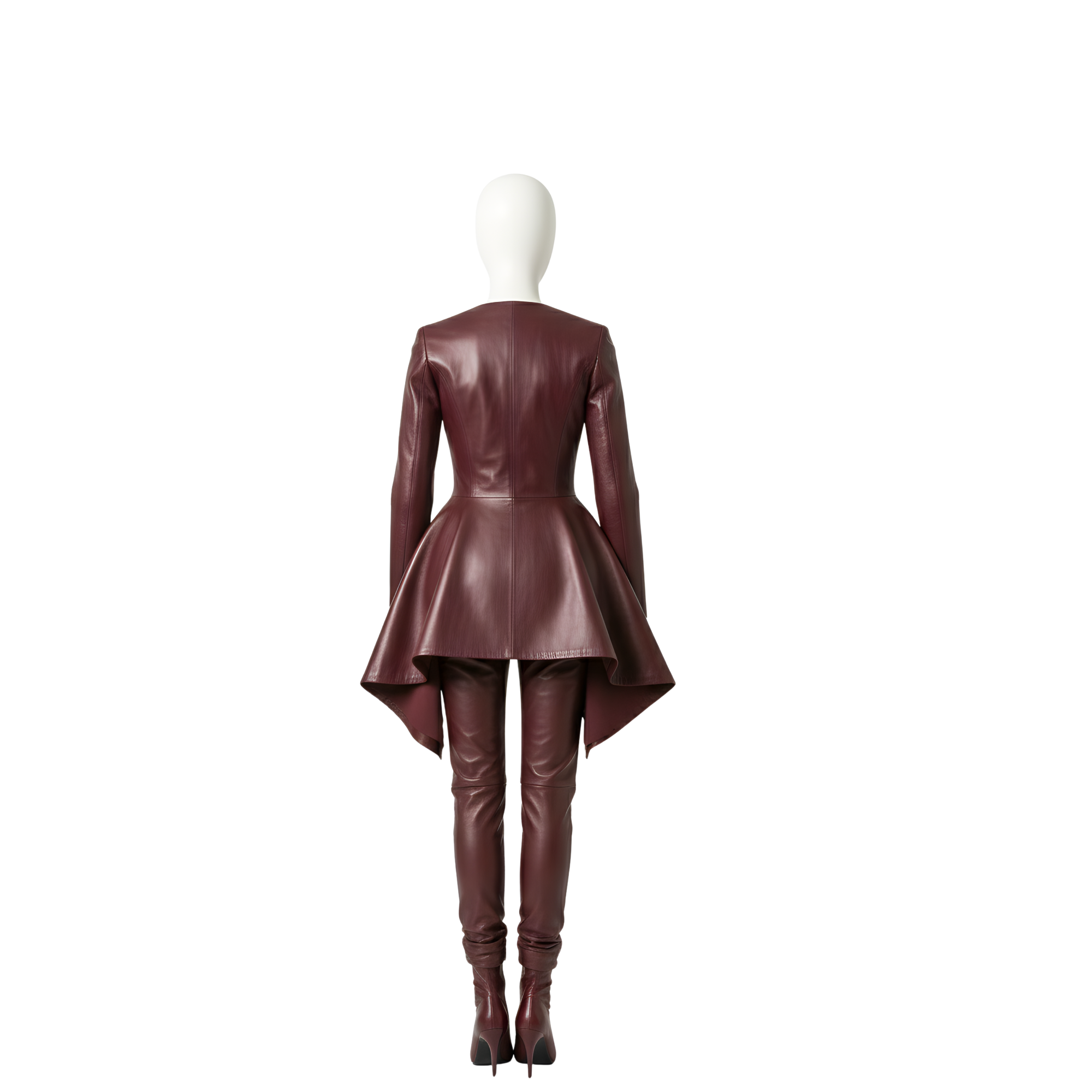 Women’s High-Low Leather Peplum Suit – Avant Garde Two-Piece Set – Dramatic Peplum Top and Slim Pants – Statement Fashion Outfit
