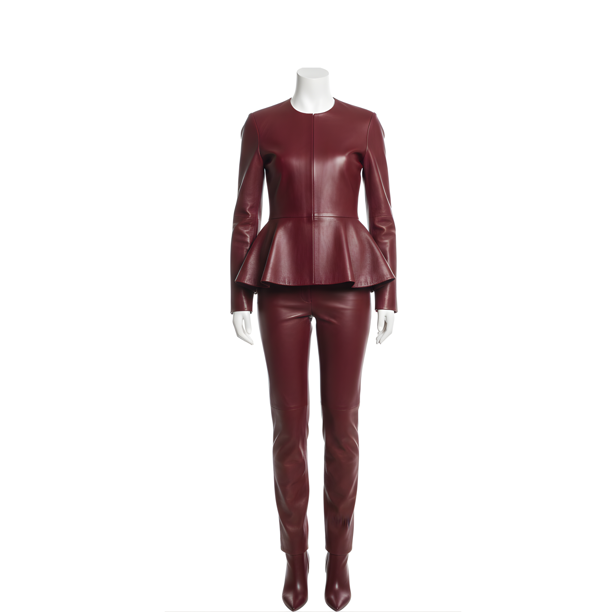 Women’s Leather Peplum Top & Pants Suit – Two-Piece Leather Co-ord – Sculptural Avant-Garde Set – Minimalist High Fashion Outfit