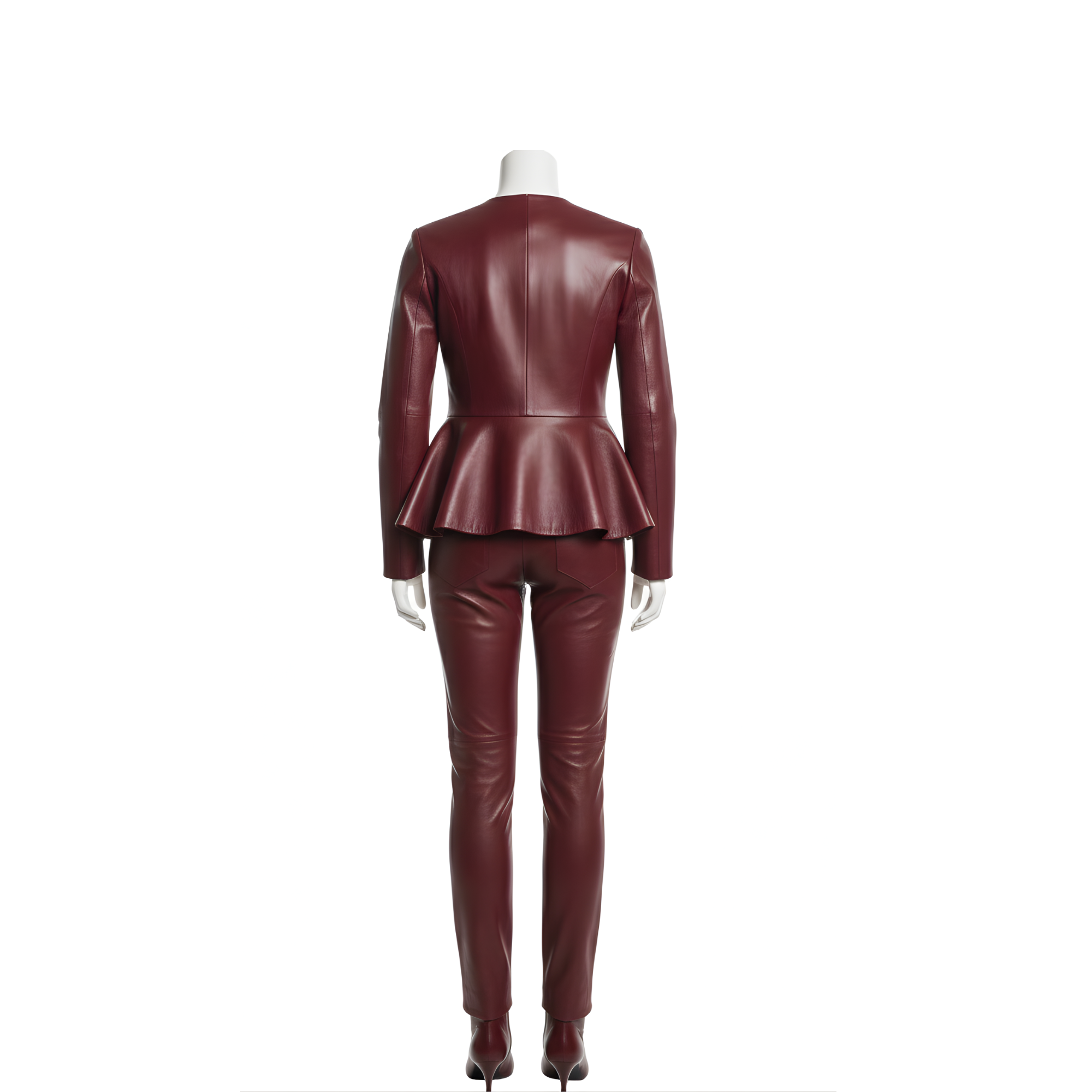 Women’s Leather Peplum Top & Pants Suit – Two-Piece Leather Co-ord – Sculptural Avant-Garde Set – Minimalist High Fashion Outfit