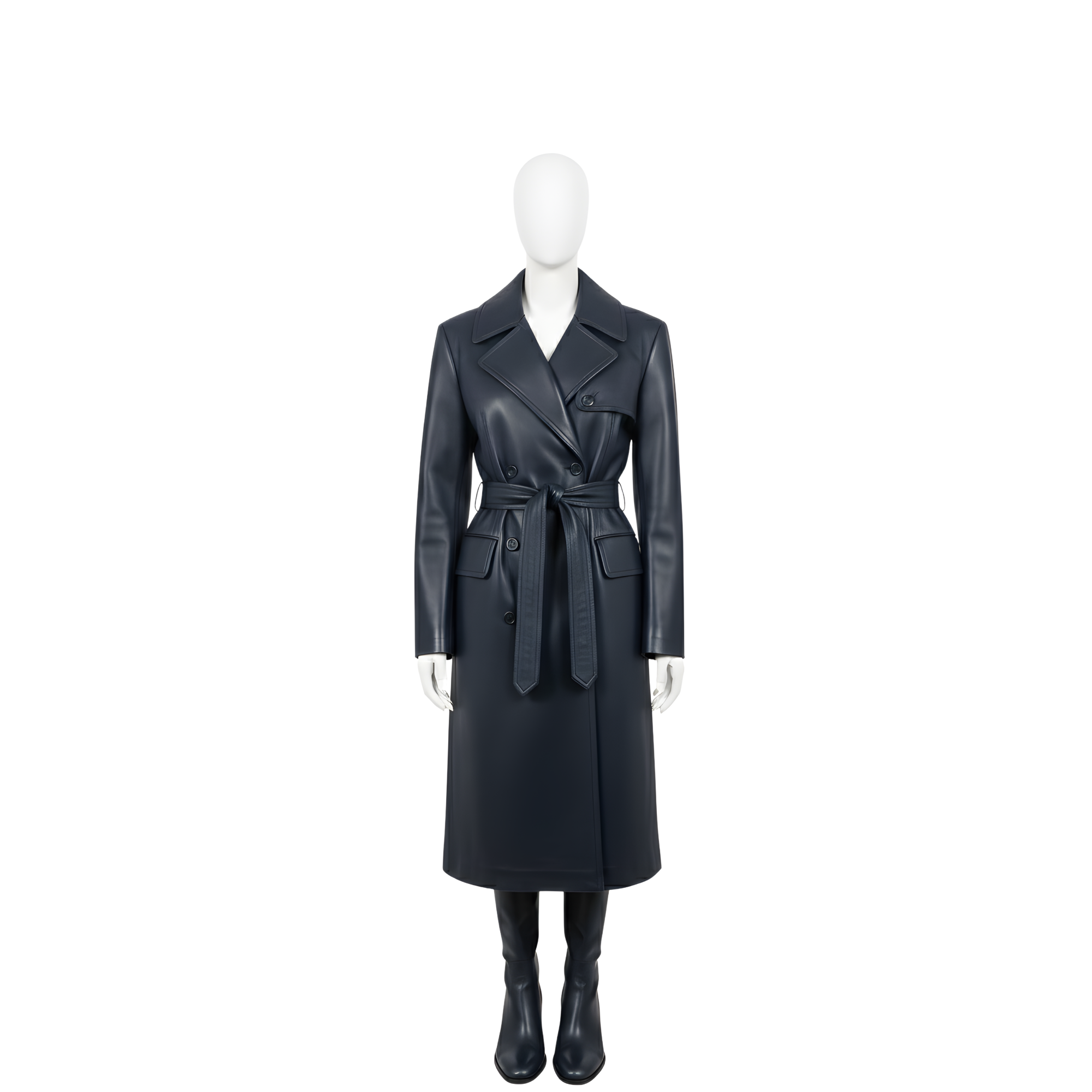Women’s black leather trench coat featuring a double-breasted design, long belted wrap silhouette, classic lapel collar, and full-length winter outerwear style displayed on mannequin. - Creed Leather