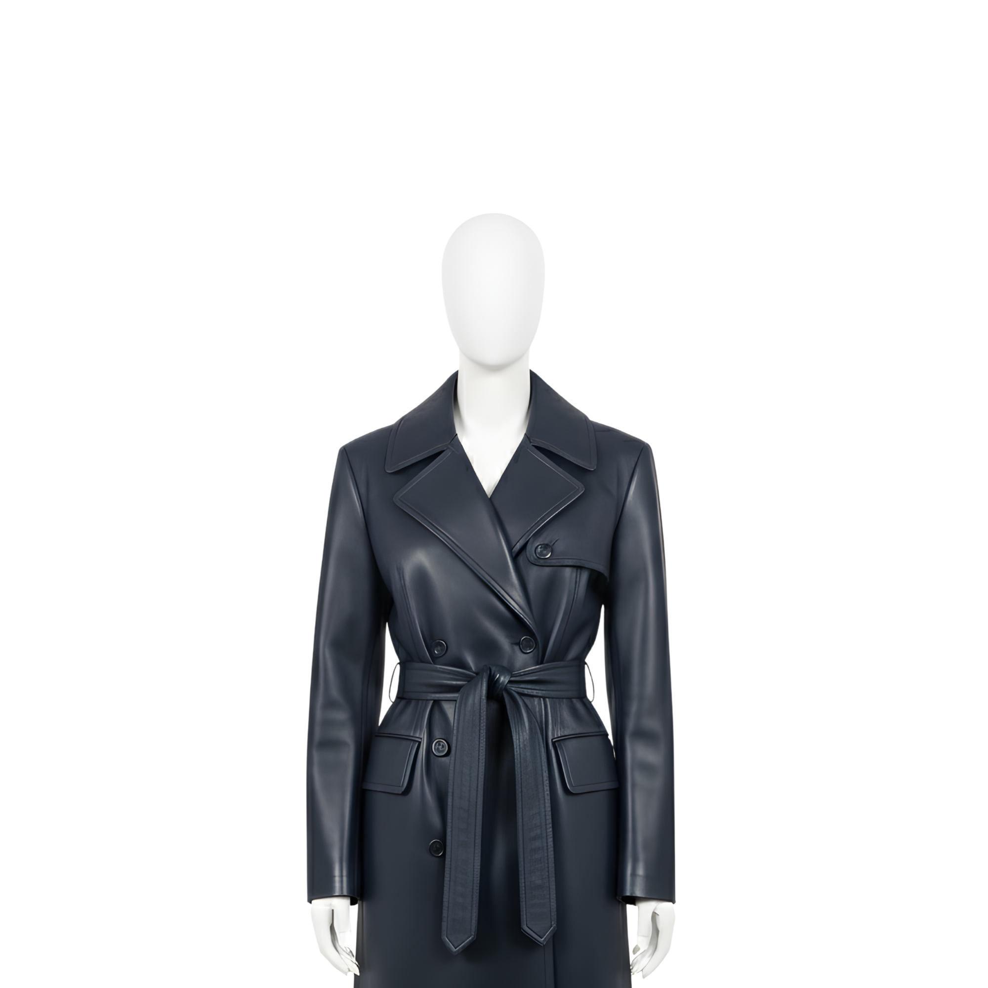 Close-up front detail of women’s black leather trench coat showing double-breasted button closure, structured lapel collar, smooth leather texture, and belted waist craftsmanship. - Creed Leather