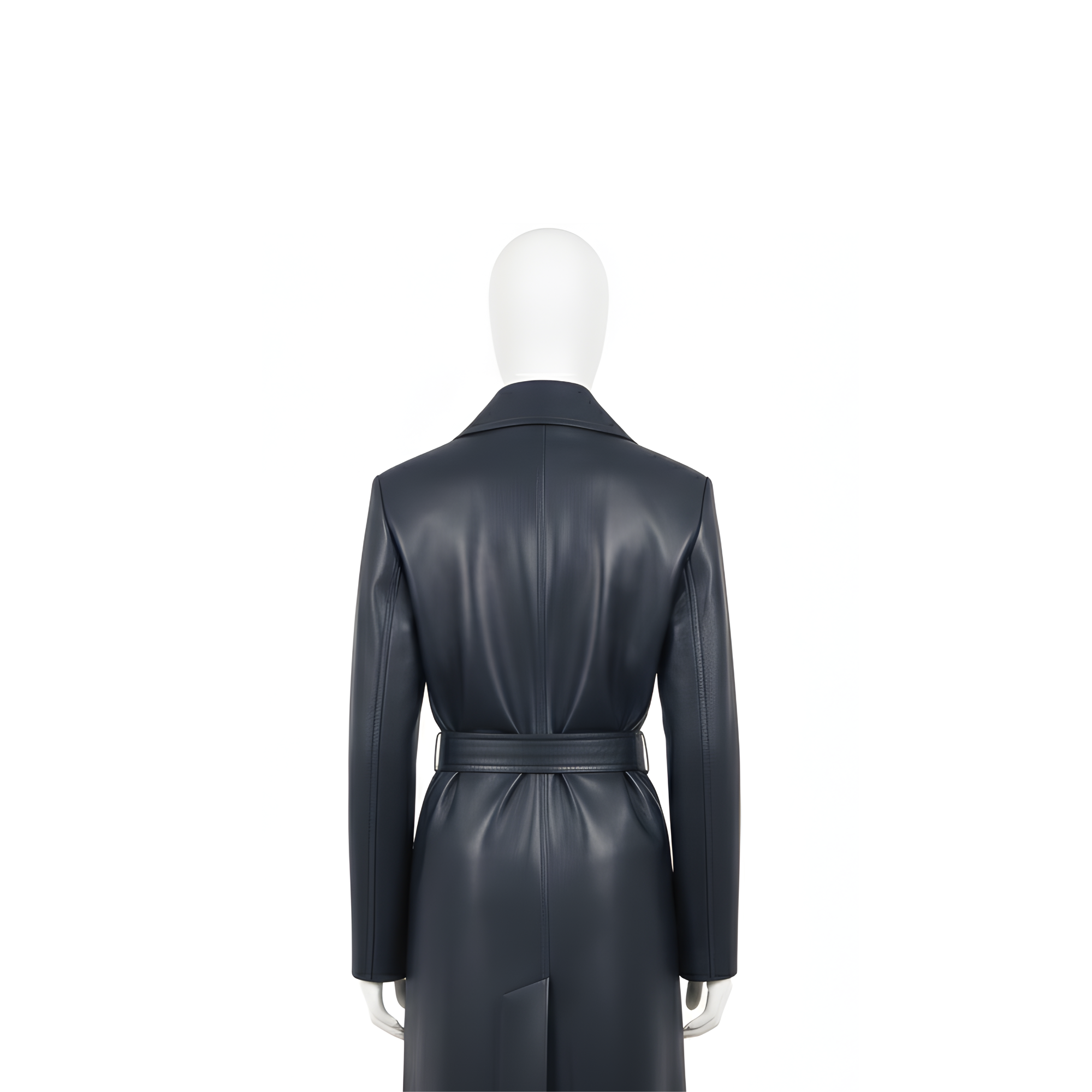 Close-up back detail of women’s leather trench coat highlighting premium leather finish, clean stitching, tailored back panel, and elegant long winter coat construction. - Creed Leather