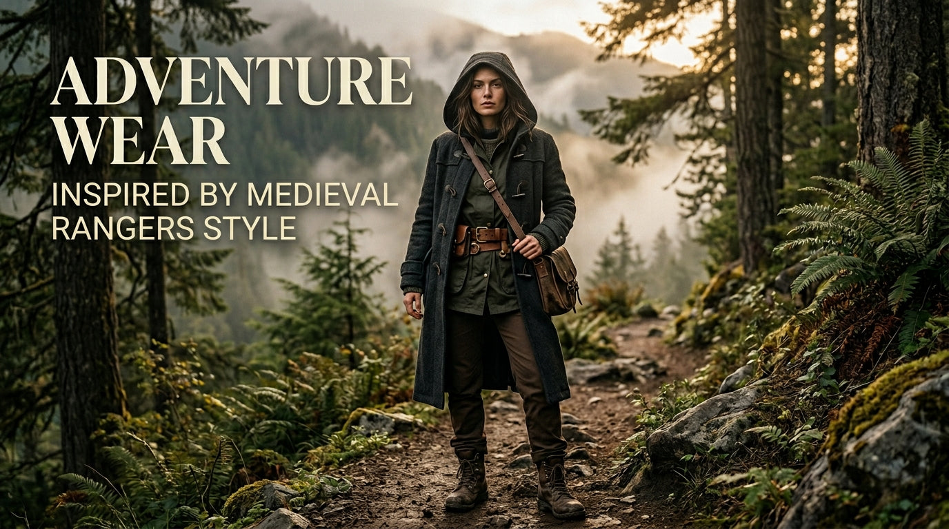 Adventure wear inspired by medieval rangers featuring a woman in a hooded long coat, layered rugged outfit, leather belt, and boots standing on a forest trail with mountains and mist in the background. - Creed Leather