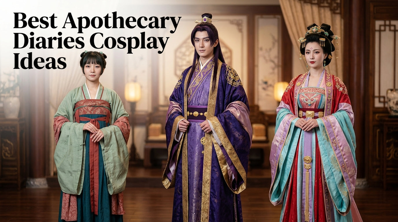 Best Apothecary Diaries cosplay feature image with Maomao, Jinshi, and Gyokuyou in accurate costumes and elegant palace background. - Creed Leather