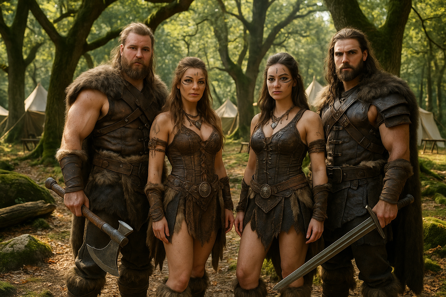 Group of male and female barbarians in realistic leather and fur cosplay costumes, standing in a forest clearing with sunlight filtering through trees, surrounded by medieval props and tents. - Creed Leather