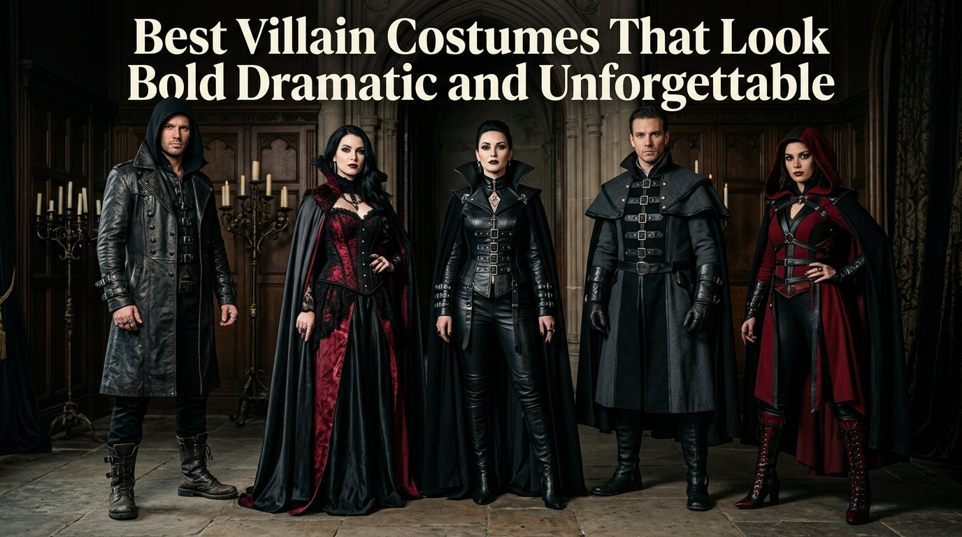 Best Villain Costumes feature with dark leather coats, capes, gothic styling, and bold dramatic cosplay looks. - Creed Leather