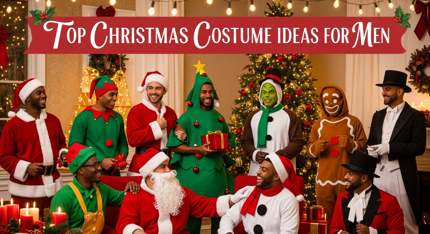 Top Christmas Costume Ideas for Men This Season. - "Group of men in Santa, elf, reindeer, snowman, Grinch, gingerbread, and Victorian Christmas costumes with festive decorations and 'Top Christmas Costume Ideas for Men' text.