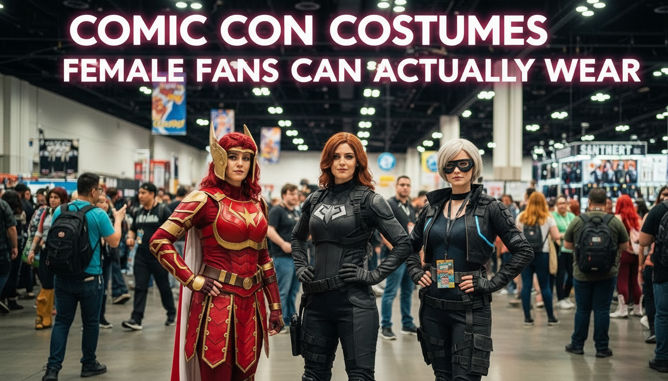 Realistic women cosplayers at a busy Comic Con event wearing superhero and cyberpunk costumes, representing comic con costumes female fans can actually wear at conventions. - Creed Leather