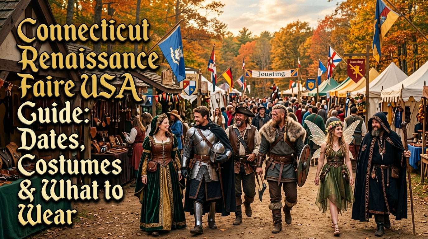 Connecticut Renaissance Faire USA guide with costumes, dates, jousting, medieval village, knights, fairies, and what to wear ideas. - Creed Leather