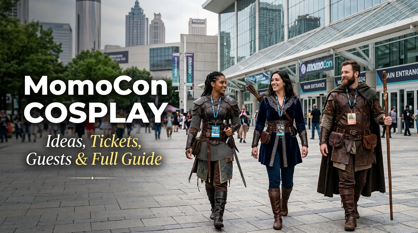 Cosplayers in fantasy leather outfits outside Georgia World Congress Center at MomoCon with title text about cosplay ideas, tickets, guests, and guide. - Creed Leather