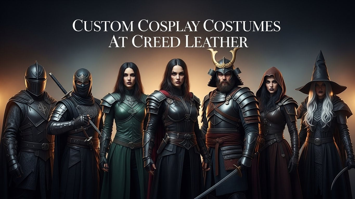 Custom cosplay costumes handmade in premium leather featuring ninja, dark knight, gothic queen, samurai, and medieval fantasy designs by Creed Leather.
