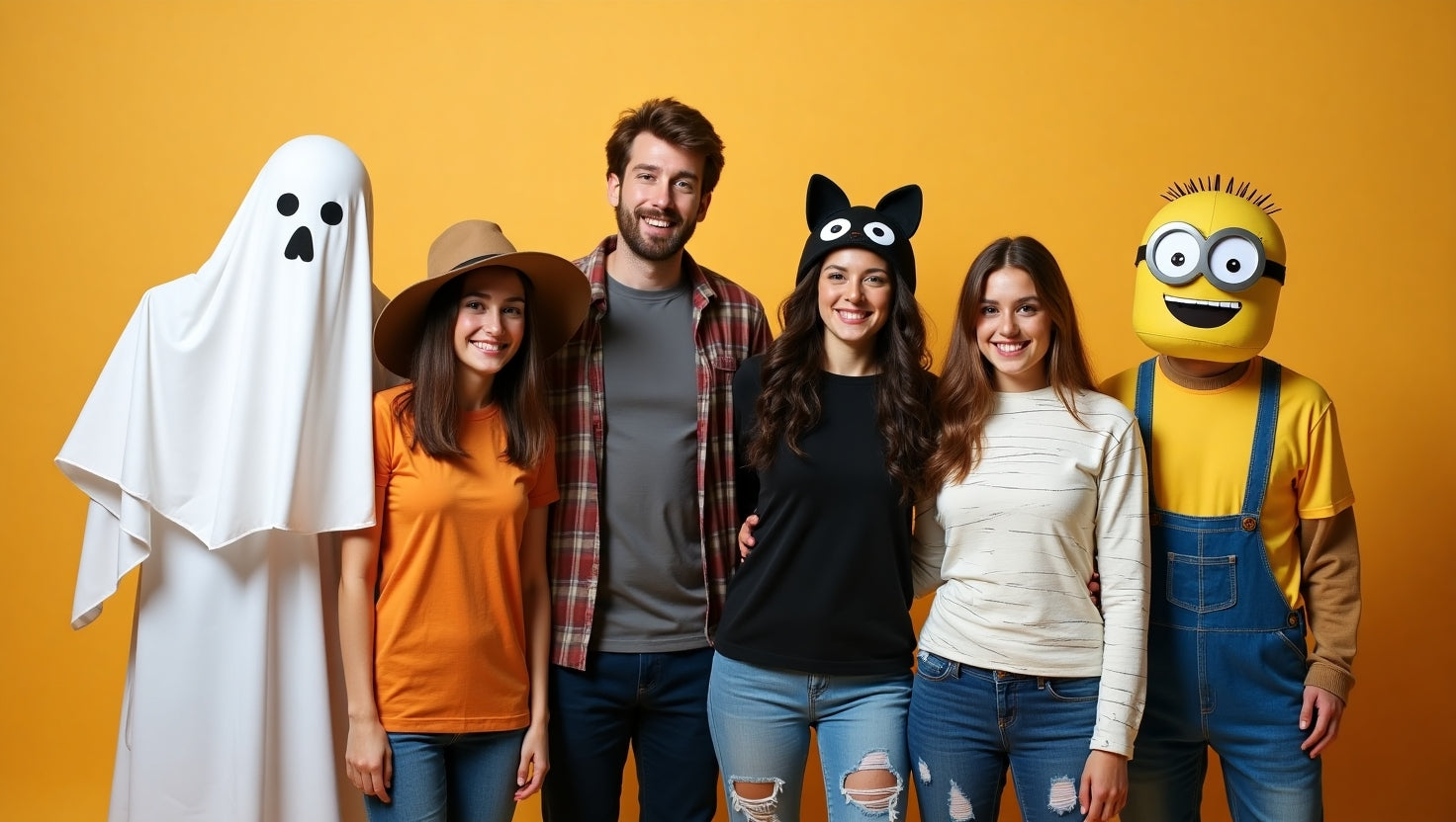 Group of people wearing creative DIY Halloween costumes including ghost, scarecrow, black cat, mummy, Wednesday Addams, zombie, and Minion, showcasing budget-friendly and unique cosplay ideas. - Creed Leather