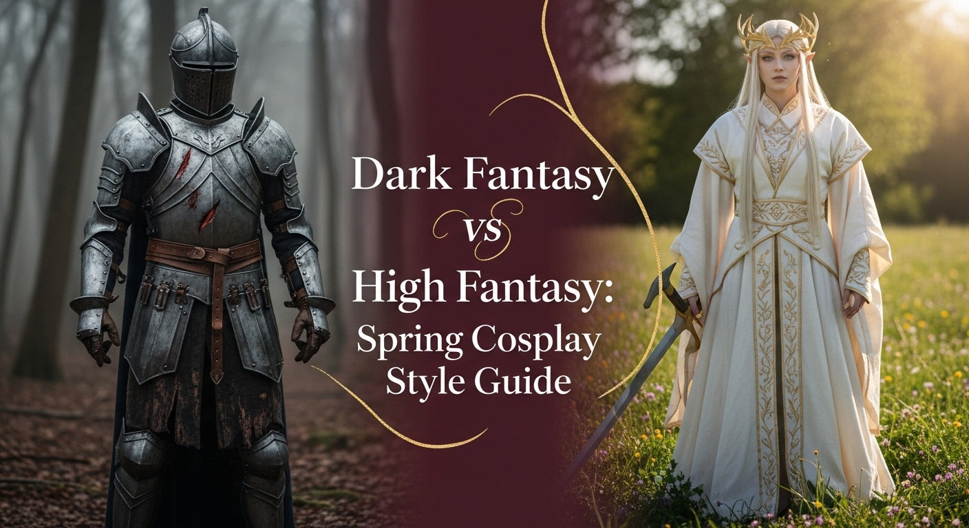 Dark Fantasy vs High Fantasy spring cosplay comparison featuring realistic armored knight and elegant elven warrior with burgundy title design. - Creed Leather