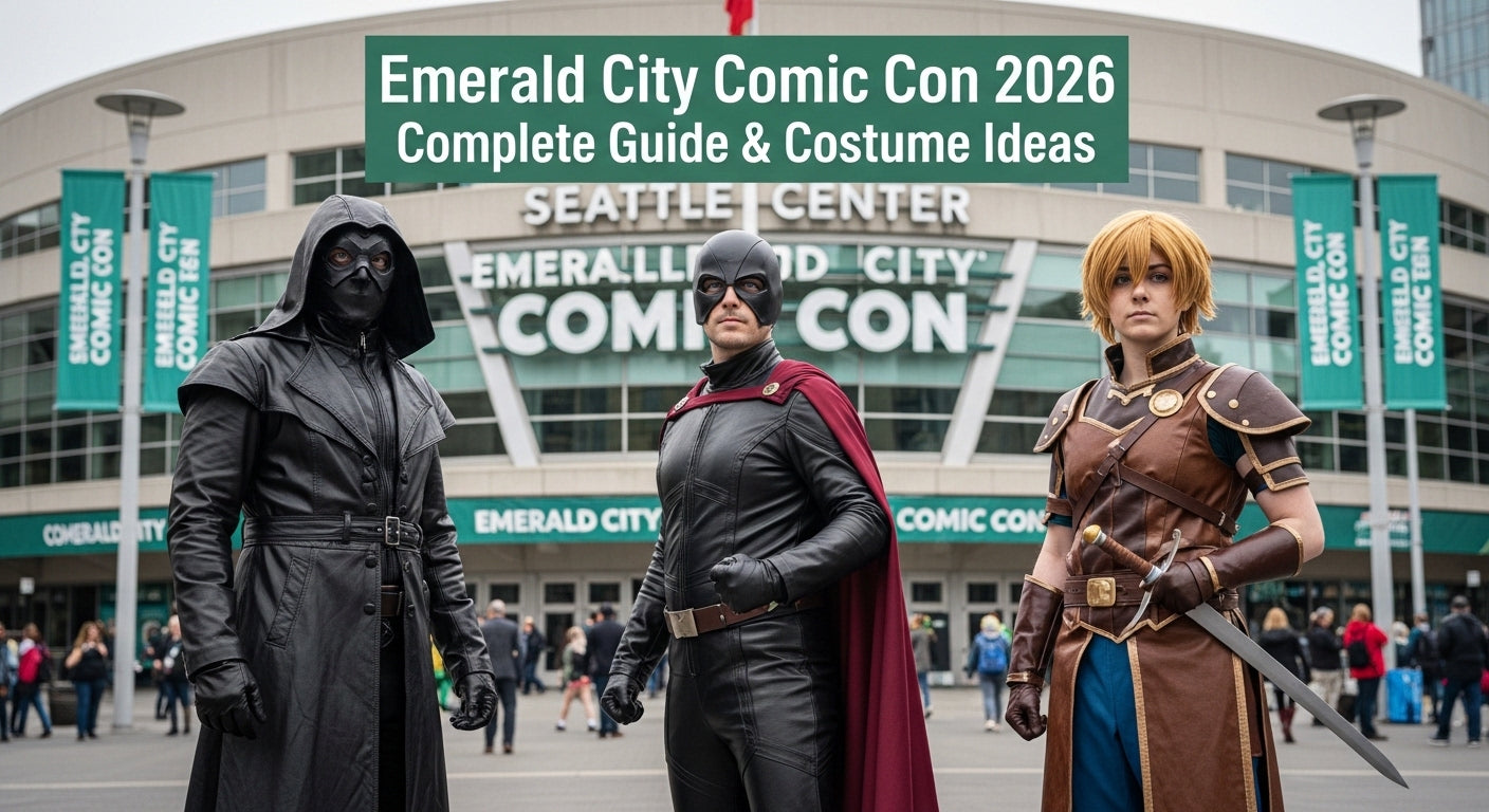 Three cosplayers in leather costumes at Emerald City Comic Con 2026 outside Seattle Convention Center, showcasing gothic, superhero, and fantasy cosplay styles. - Creed Leather