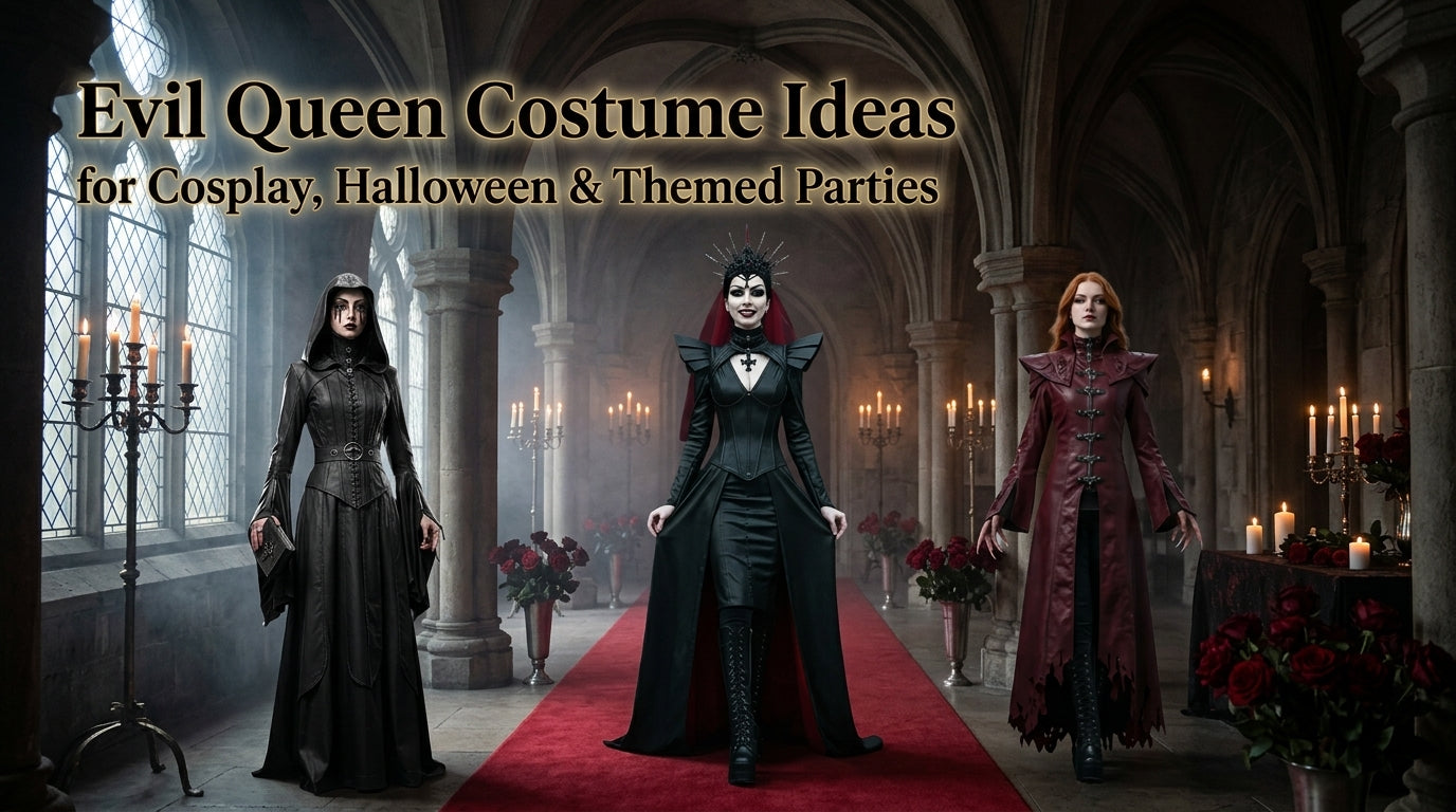 Evil Queen Costume Ideas feature image with three dark royal cosplay outfits in gothic castle for Halloween and themed parties. - Creed Leather