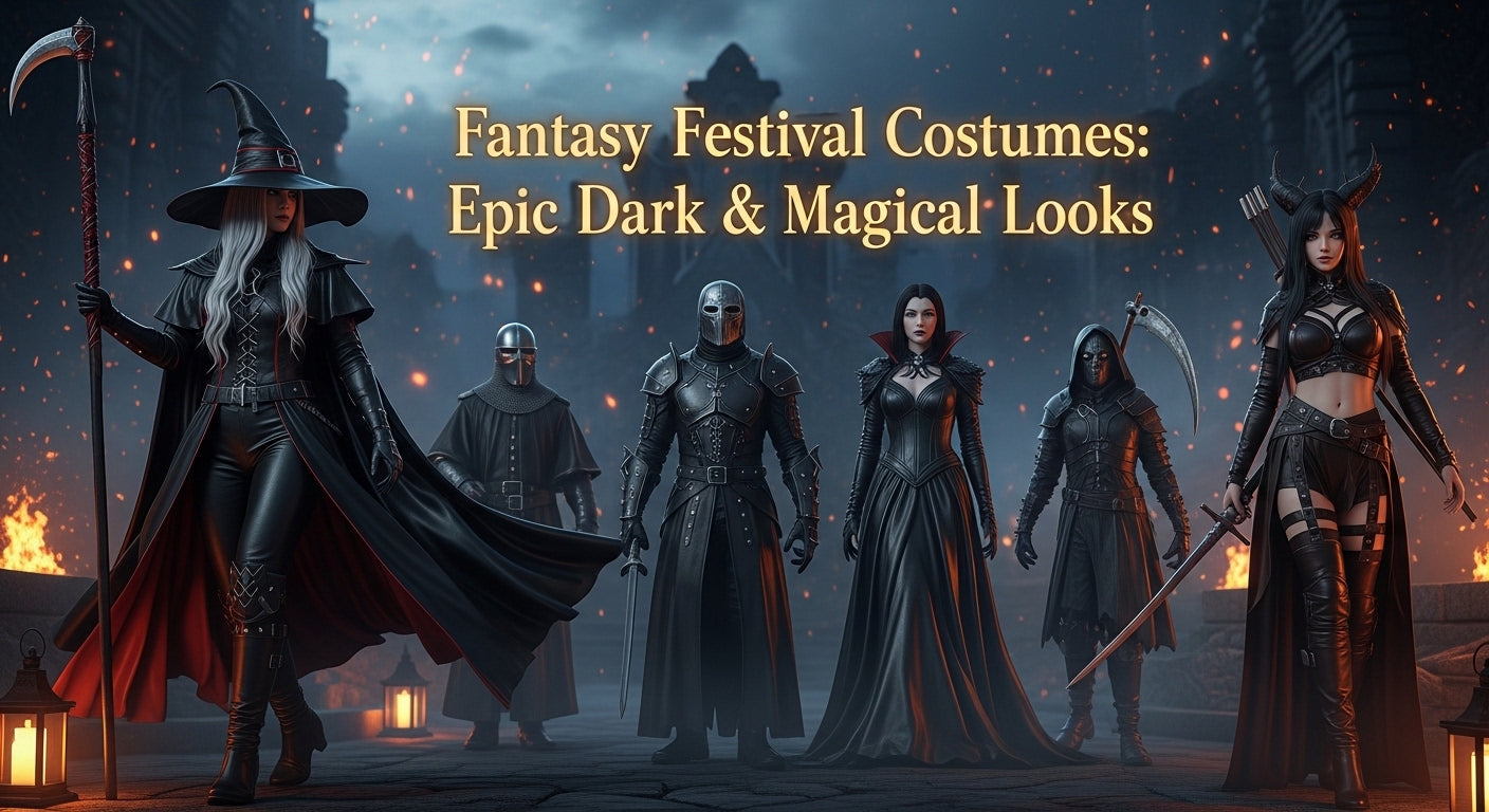 Fantasy festival costumes with gothic witch, vampire queen, grim reaper, medieval warrior, and anime huntress in a dark magical festival scene. - Creed Leather