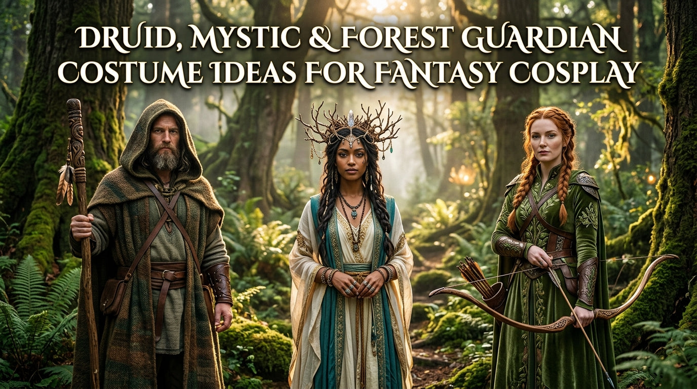 Feature image for Druid, Mystic and Forest Guardian costume ideas showing realistic fantasy cosplay characters in an enchanted forest with bold blog title text. - Creed Leather