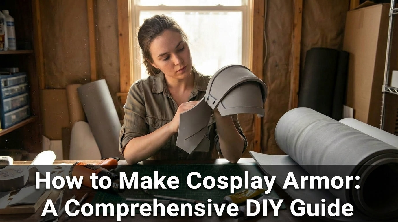 DIY cosplayer crafting detailed foam armor pieces in a workshop, shaping and assembling EVA foam for lightweight cosplay armor in a step-by-step costume making process. - Creed Leather