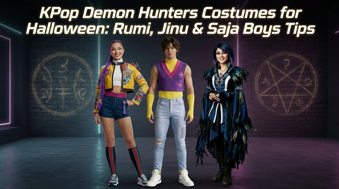 KPop Demon Hunters costumes for Halloween featuring Rumi, Mystery Saja and Sussie Bird cosplay with Saja Boys outfit ideas. - Creed Leather