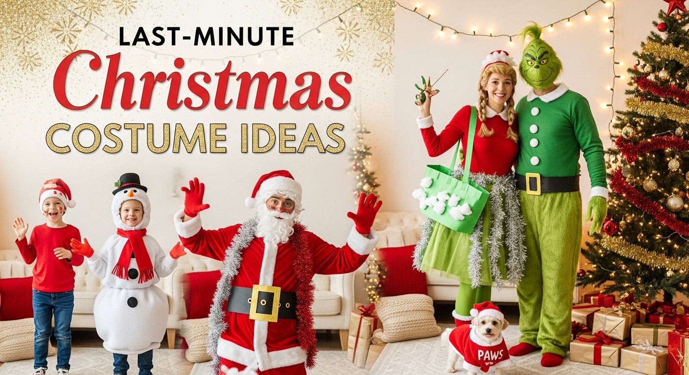 People and kids in last-minute DIY Christmas costumes made from household items, with festive indoor decorations and stylish text reading “Last-Minute Christmas Costume Ideas.”