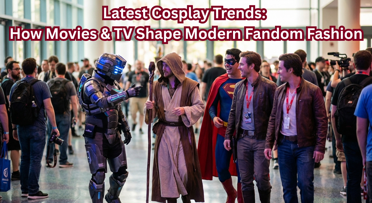 Diverse cosplayers dressed as movie and TV characters in fantasy, sci-fi, and superhero styles pose in a vibrant convention hall with the title Latest Cosplay Trends: How Movies & TV Shape Modern Fandom Fashion. - Creed Leather