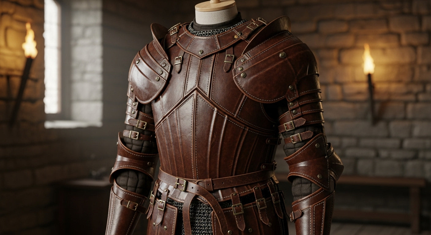 medieval brown leather armor showing detailed stitching, rivets, and aged texture, highlighting the craftsmanship and durability of historical cuir bouilli leather protection used by ancient warriors. - Creed Leather