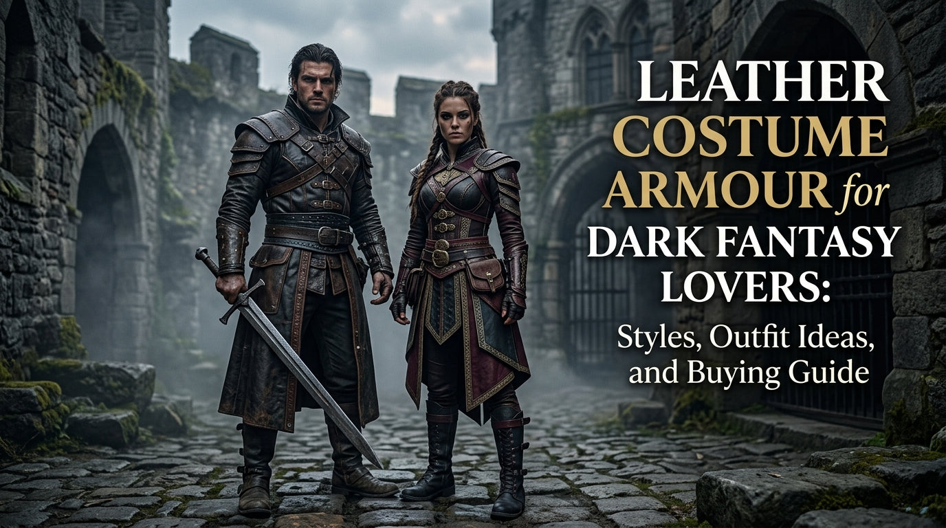 Dark fantasy warriors wearing leather costume armour in a medieval castle setting with gothic outfits, trench coats, and armor styling for cosplay and LARP enthusiasts. - Creed Leather