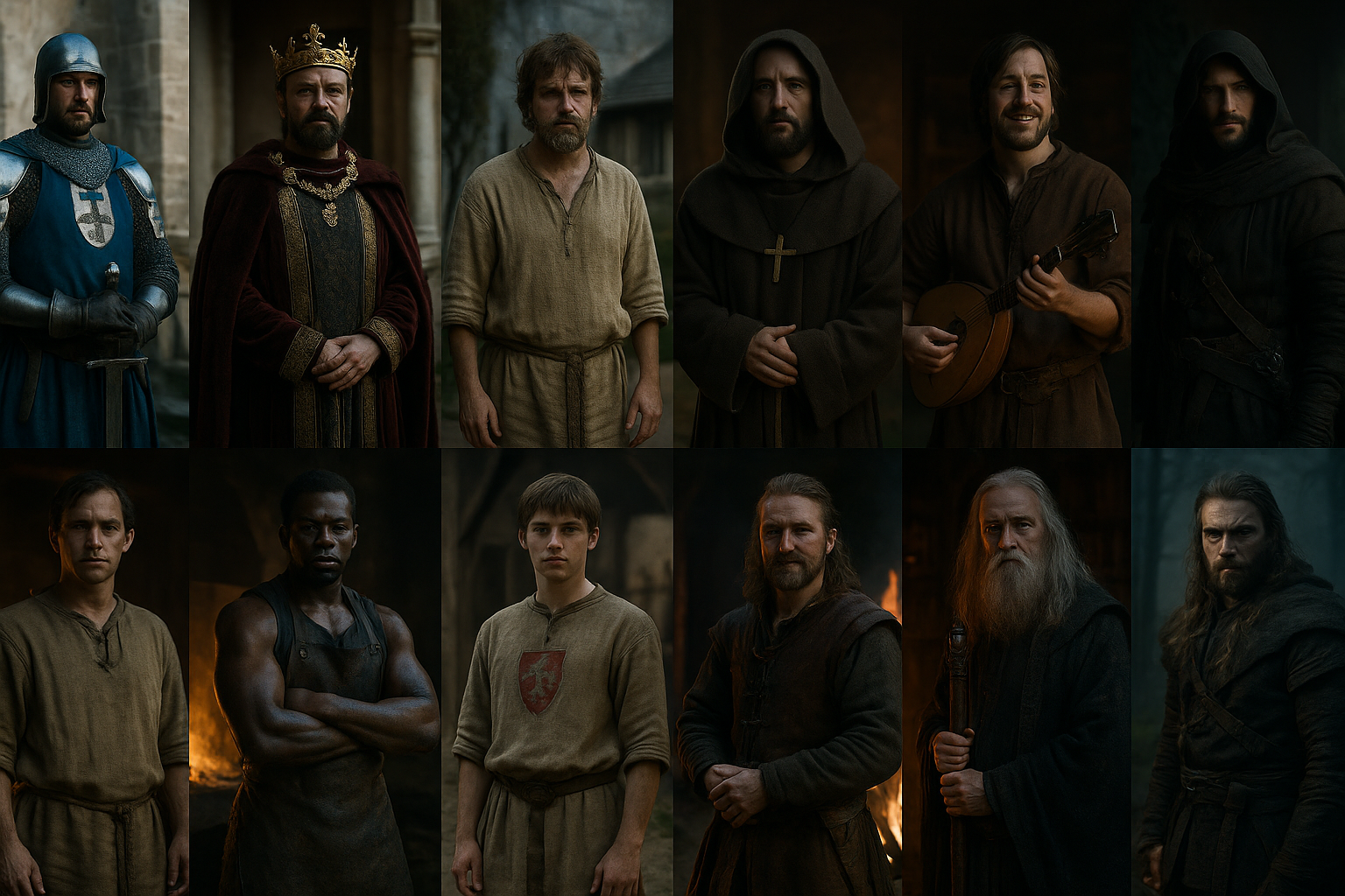 Best Medieval Costumes for Men, Several men dressed in detailed medieval attire, featuring chainmail, leather vests, swords, and capes, gathered in a lively outdoor setting, embodying characters from the Middle Ages for a costume event. - Creed Leather