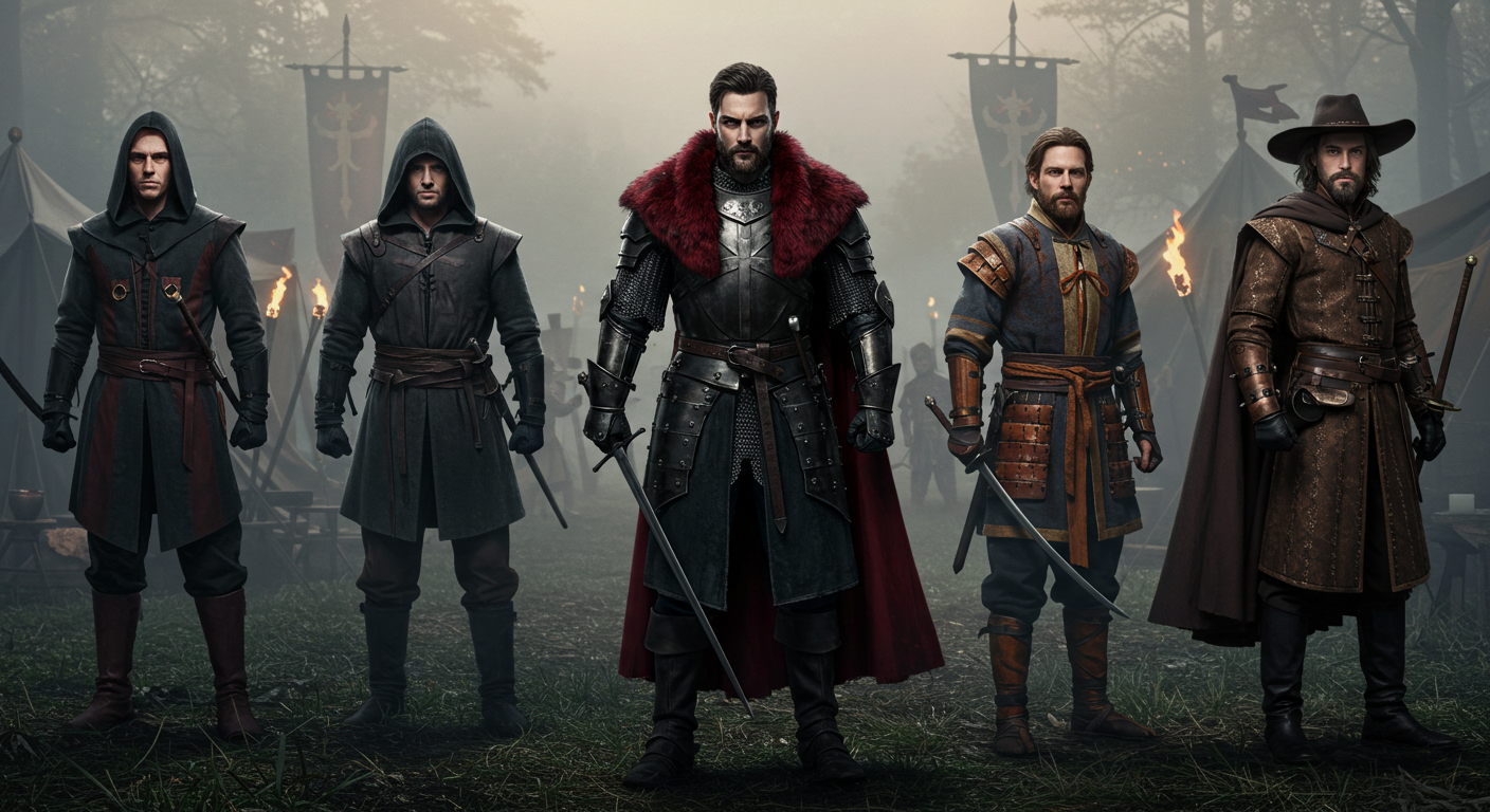 medieval costumes—black-armored knight with red fur mantle, hooded ranger in dark leather, samurai-inspired warrior with ember-orange trim, and bronze-cloaked musketeer