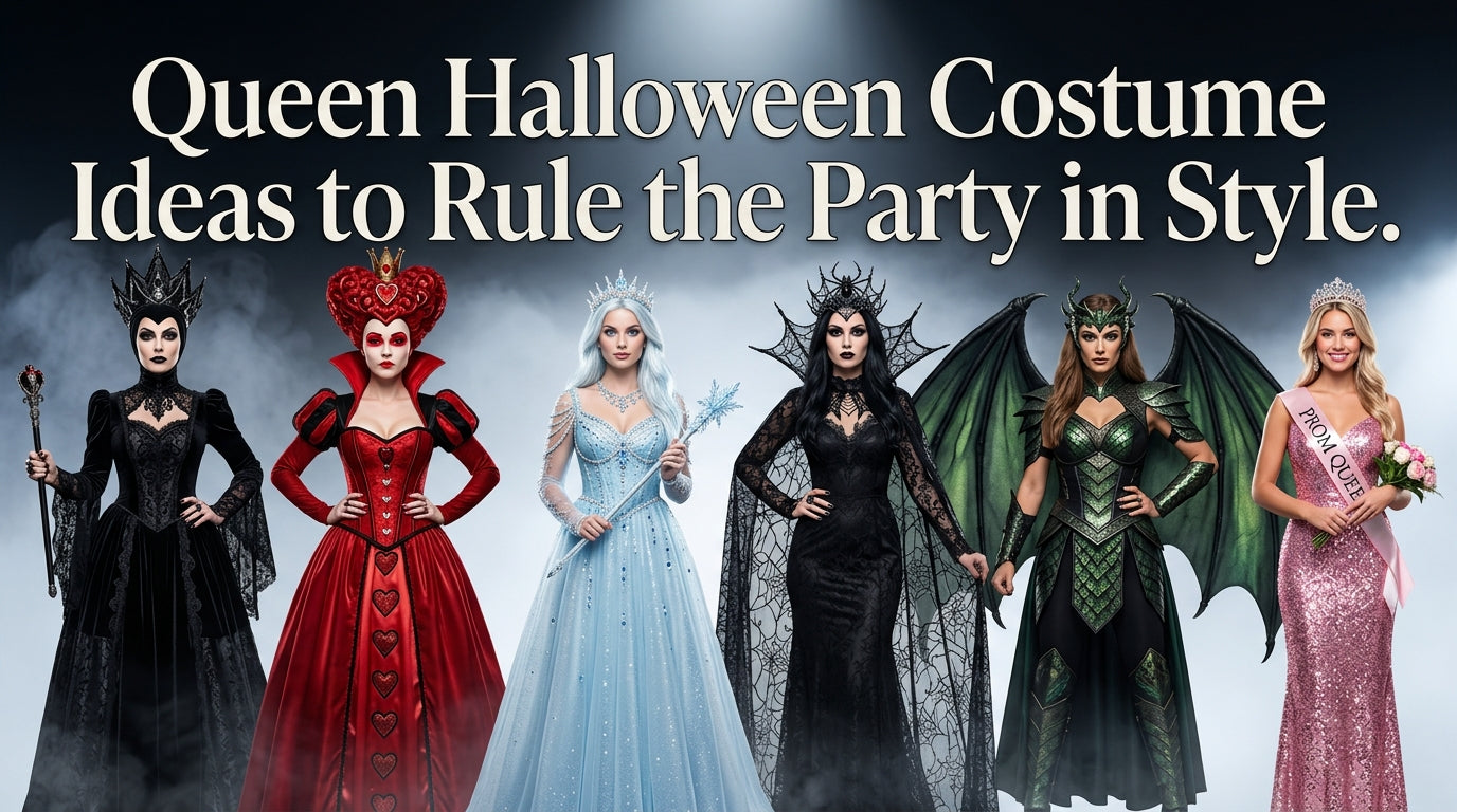 Queen Halloween Costume Ideas hero image with Evil Queen, Red Queen, Ice Queen, Spider Queen, Dragon Queen and Prom Queen cosplay. - Creed Leather