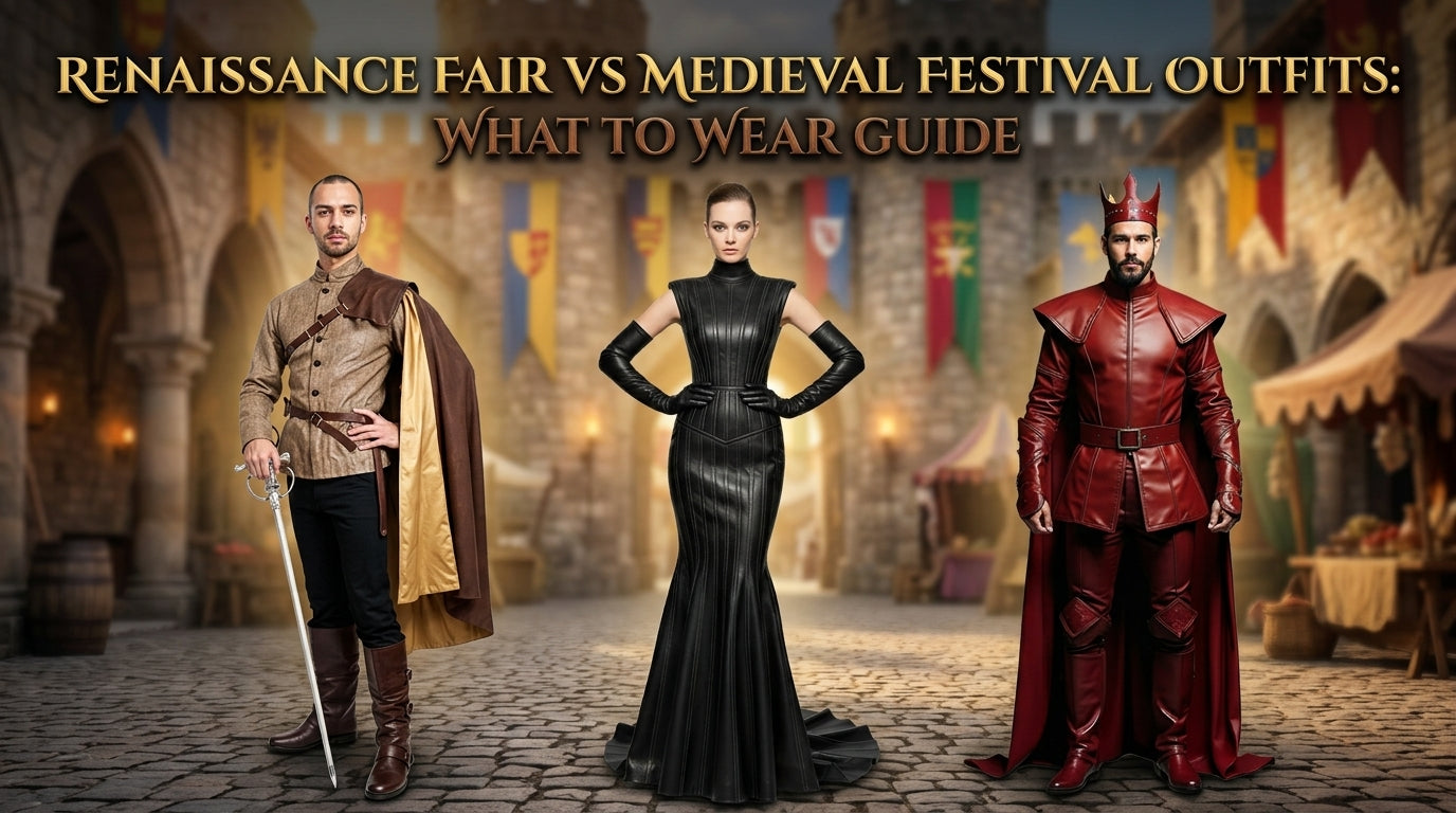 Renaissance Fair vs Medieval Festival Outfits guide with gown, musketeer, and king costumes in a castle festival scene. - Creed Leather