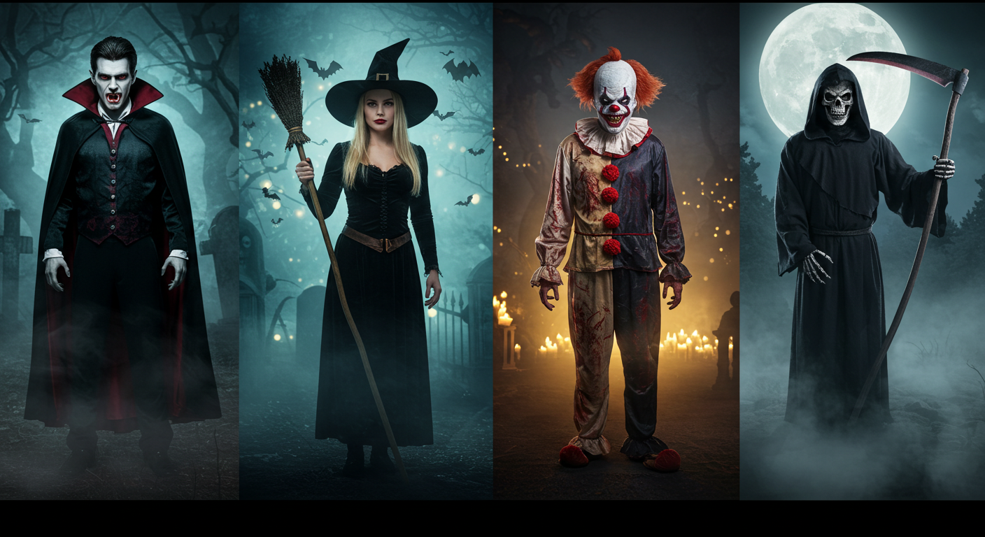 Halloween feature image showing four separate costumes: a male vampire in a graveyard, a female witch in a mystical forest, a scary clown in an abandoned carnival, and a Grim Reaper on a foggy hill. – Best Spooky Outfits - Creed Leather