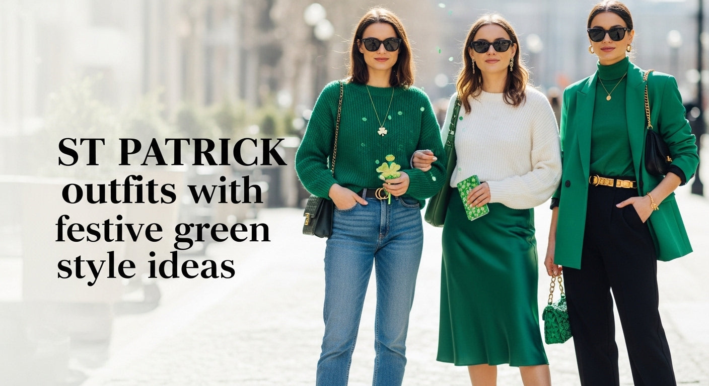 Stylish St Patrick outfits featuring green sweater, satin skirt, and blazer with gold accessories, inspiring festive St Patrick’s Day outfit ideas. - Creed Leather