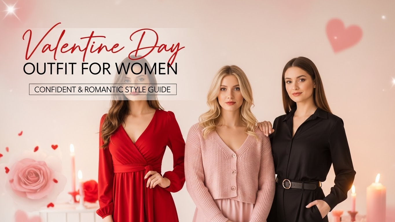 Valentine Day outfit for women featuring three fashionable women in red, pink, and elegant outfits, representing romantic, cute, and confident Valentine’s Day outfit ideas for women.