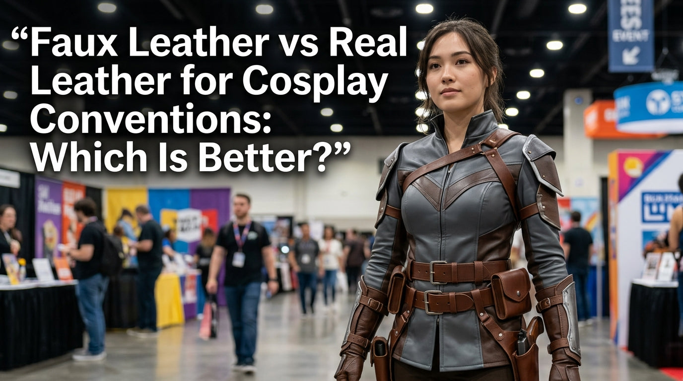 Faux leather vs real leather for cosplay conventions featured image showing cosplayer in leather costume with belts and armor inside a convention hall. - Creed Leather