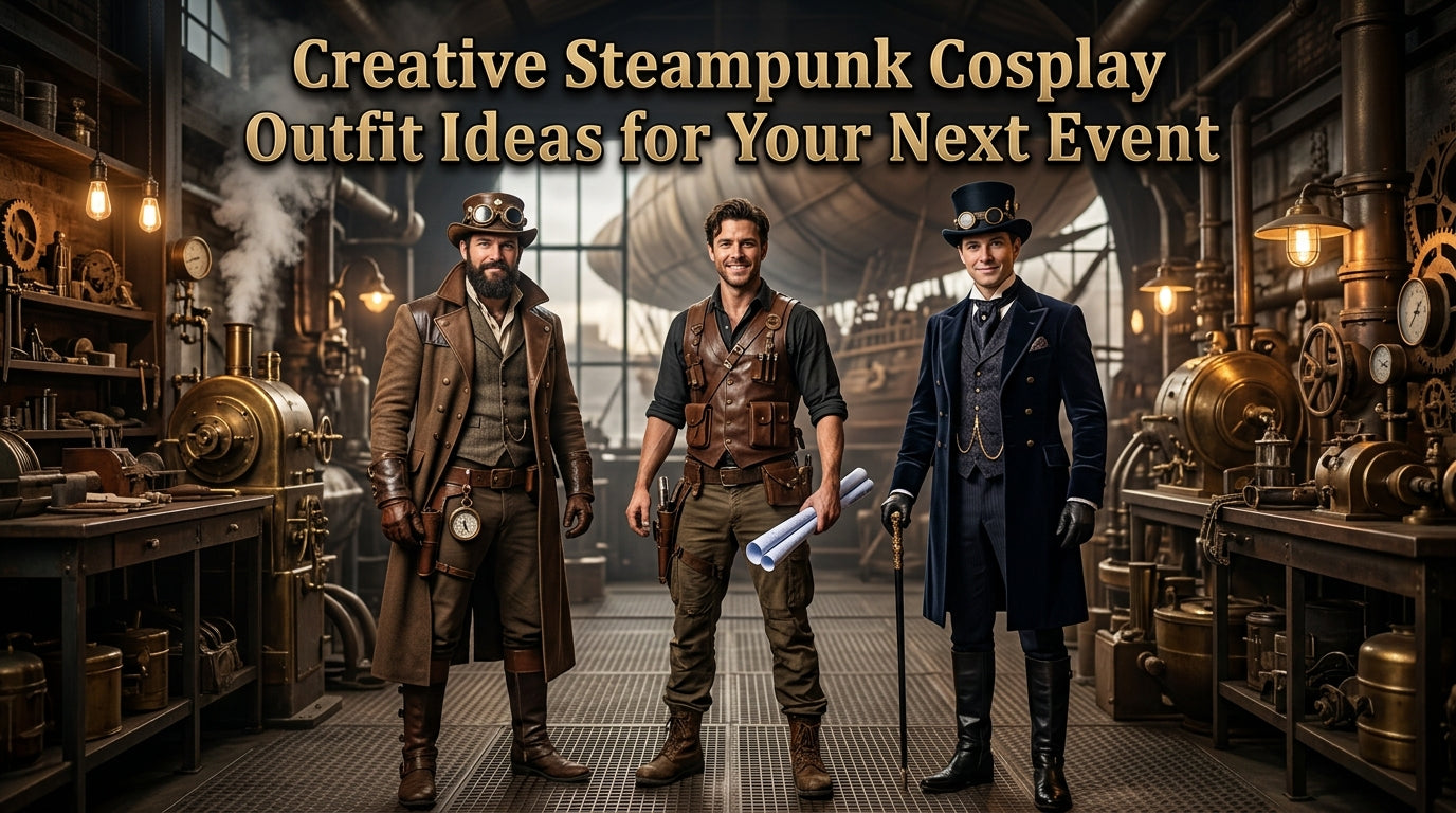 Featured image showing three male steampunk cosplayers wearing airship captain, inventor, and gentleman aristocrat outfits in a steampunk workshop setting. - Creed Leather