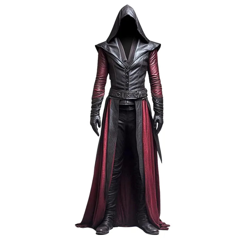 HeXward Robe – Crimson Leather Medieval Hooded Cloak | Witch Trials Cloak for Cosplay, LARP, Alchemist, Gothic, Mystic and Fantasy Roleplay