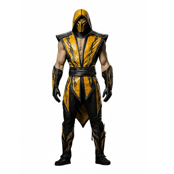 Yellow and black ninja fighter suit cosplay featuring a hooded mask, leather-style armor details, sleeveless design, and tactical ninja warrior outfit for cosplay and Halloween Yellow and black ninja fighter suit cosplay featuring a hooded mask, leather-style armor details, sleeveless design, and tactical ninja warrior outfit for cosplay and Halloween