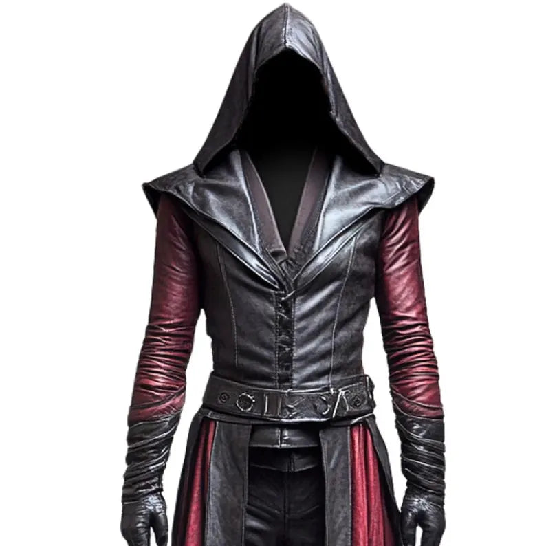 HeXward Robe – Crimson Leather Medieval Hooded Cloak | Witch Trials Cloak for Cosplay, LARP, Alchemist, Gothic, Mystic and Fantasy Roleplay