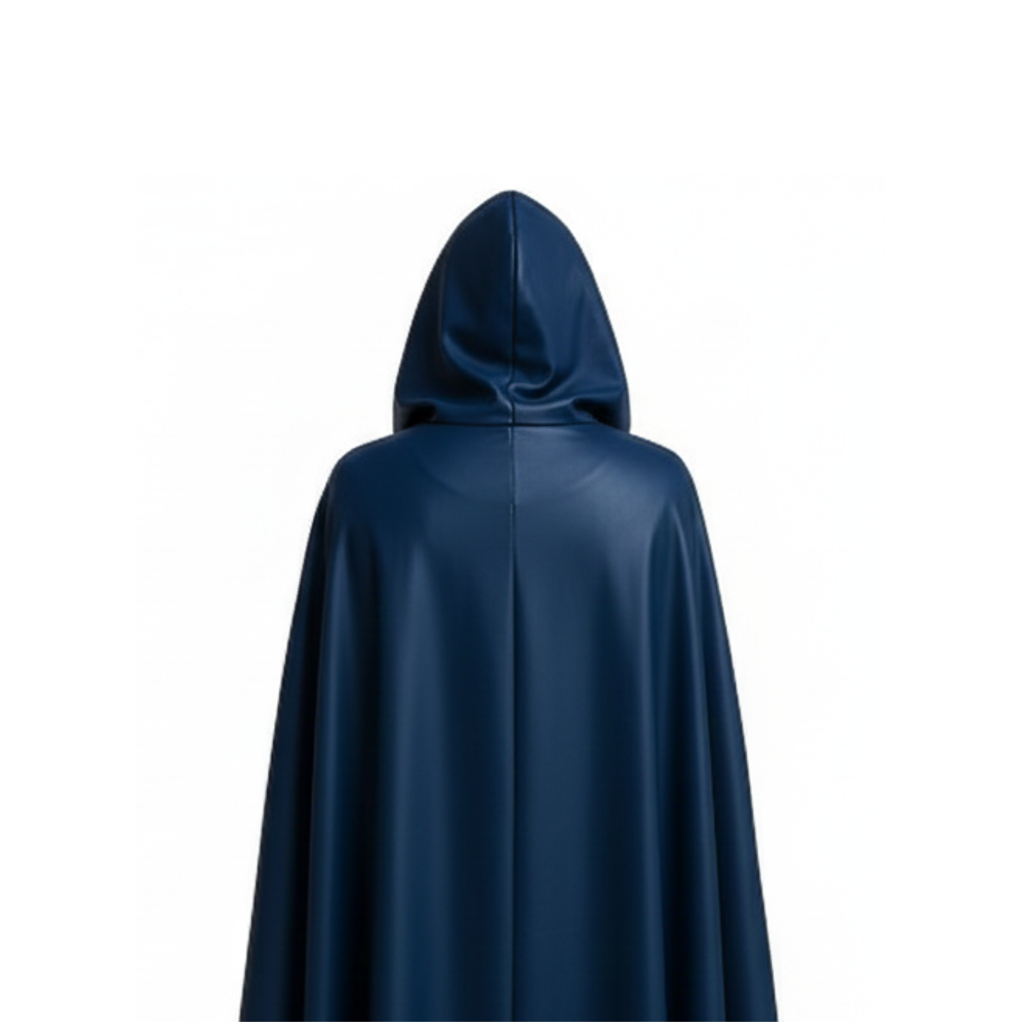 Back close detail of premium leather hooded cloak with smooth drape and durable stitching