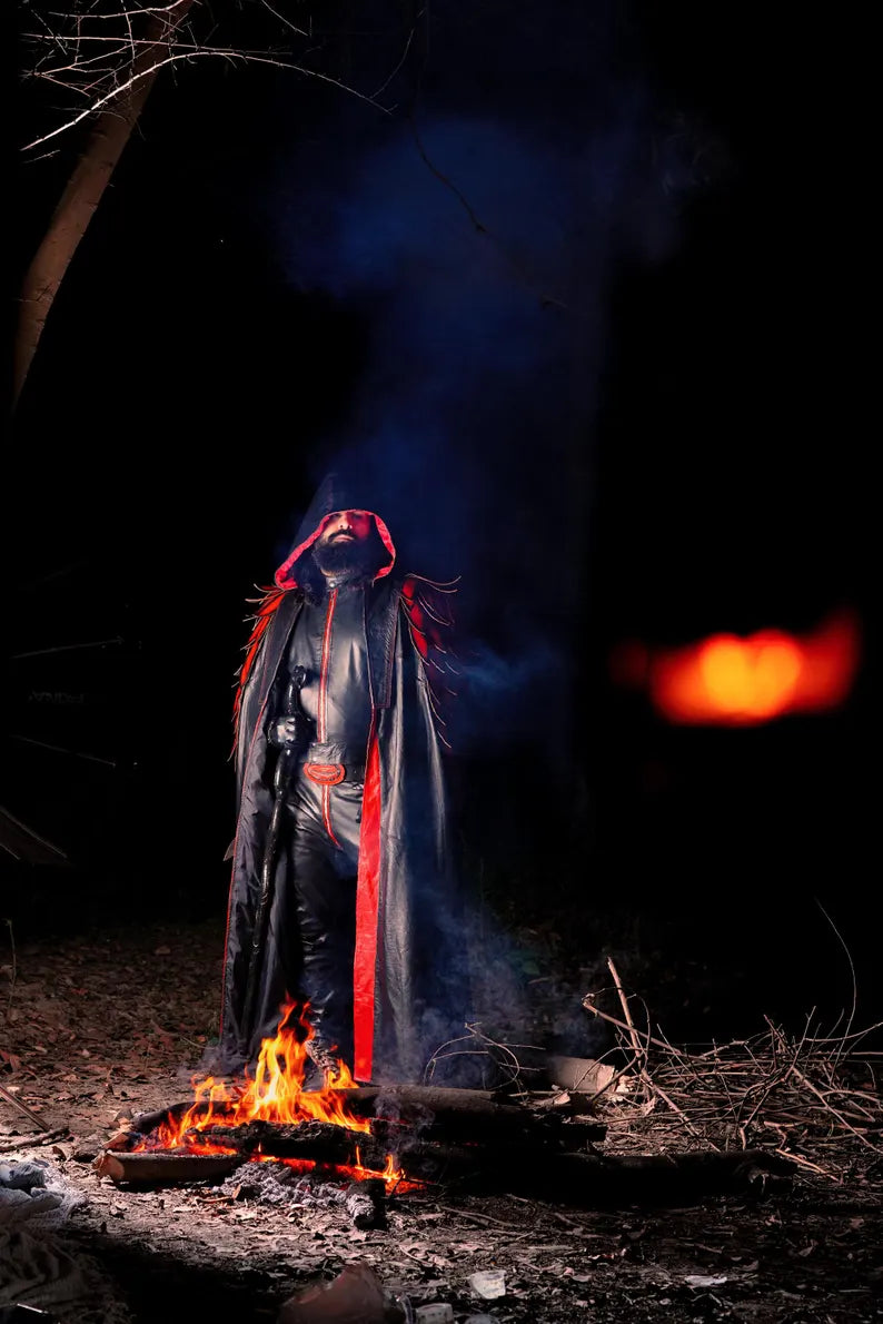 The Raven Raptor - Black & Red Leather Gothic Cloak with Wings - Handmade Devil Look Cosplay Costume - Hooded Leather Cloak for Halloween