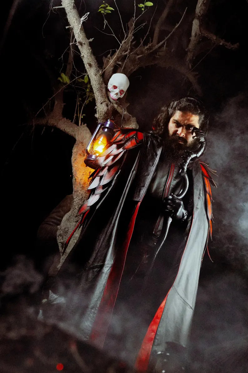 The Raven Raptor - Black & Red Leather Gothic Cloak with Wings - Handmade Devil Look Cosplay Costume - Hooded Leather Cloak for Halloween