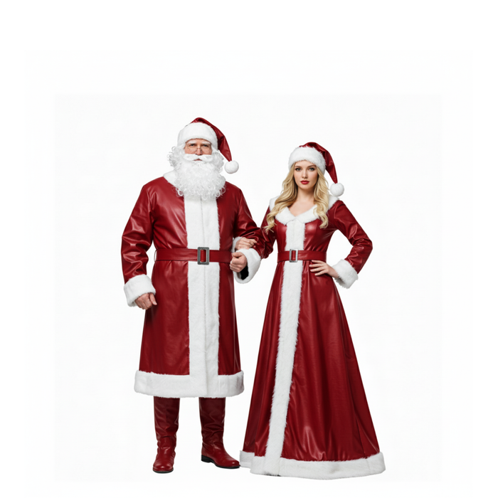 Black and Red Leather Santa & Claus Couple Costume Set – Christmas Party Cosplay Outfits with White Fur Trim & Matching Hats