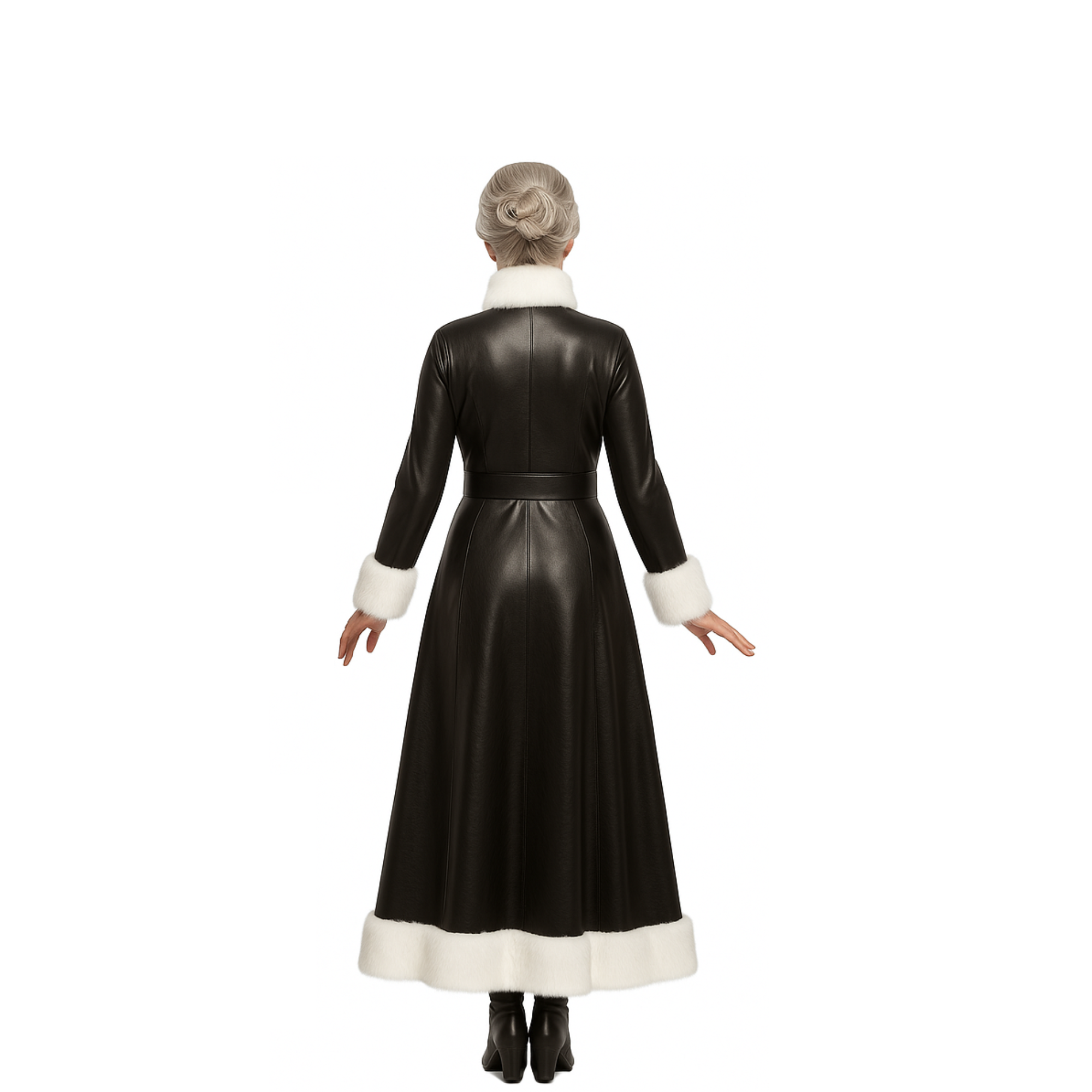 Black Leather Mrs. Claus Christmas Gown – Long Holiday Costume Dress with White Fur Trim - Elegant Festive Outfit for Christmas Parties