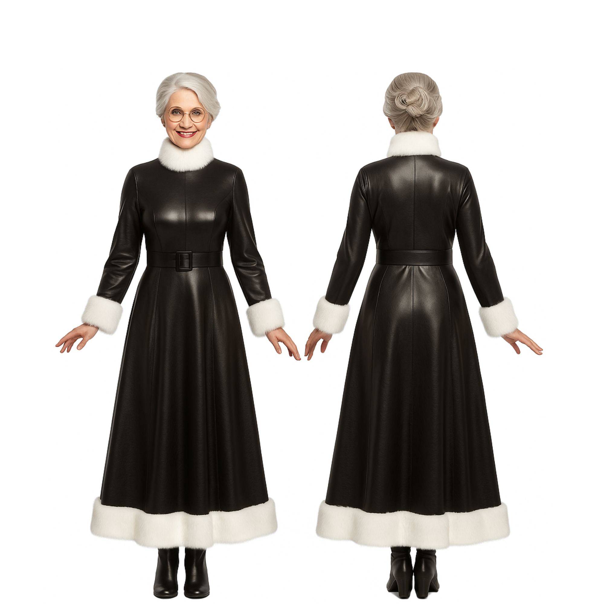 Black Leather Mrs. Claus Christmas Gown – Long Holiday Costume Dress with White Fur Trim - Elegant Festive Outfit for Christmas Parties